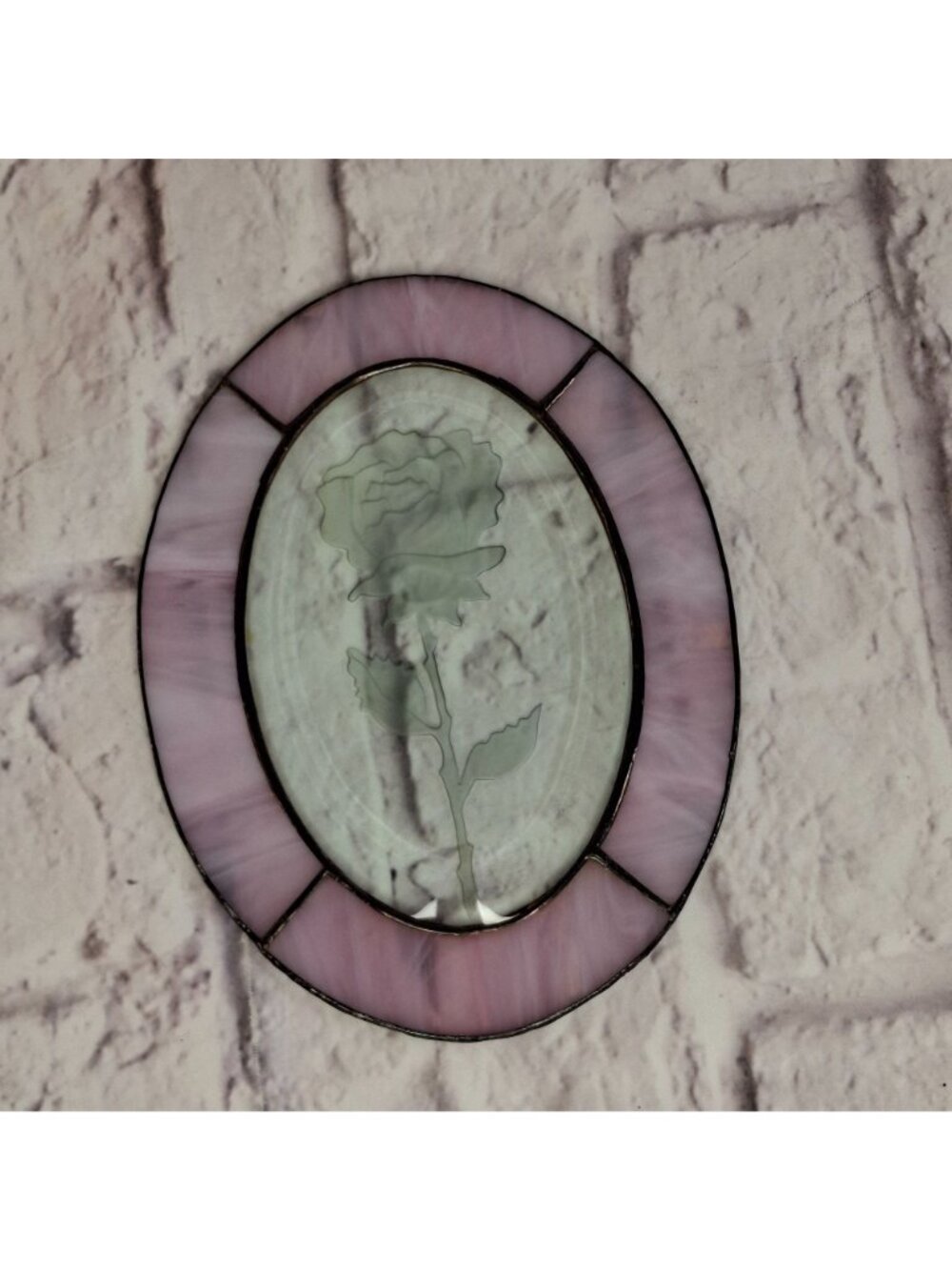 Vintage Stained Glass Sun Catcher Edged Rose Wall Hanger Pink & Clear 8 x 5.5in - Picture 4 of 8